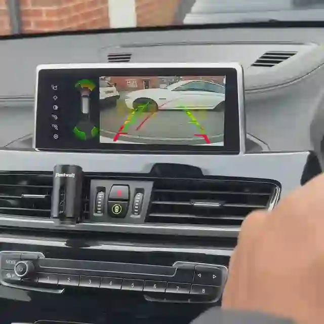 A reverse camera view on a fitted dashboard screen